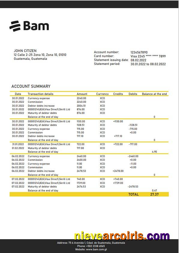 Guatemala Agromercantil bank statement, Word and PDF format
